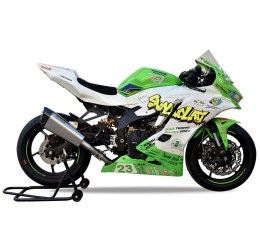 Scarico completo MT RACE SHARK non omologato con collettori in TITANIO e terminale in TITANIO SATINATO con fondello in CARBONIO per Kawasaki ZX-4R 23-25
